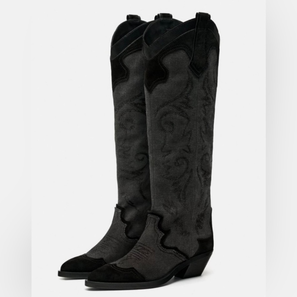 ZARA EMBROIDERED HEELED COWBOY BOOTS 
Color: Black * Size: 7.5 ( 38 )